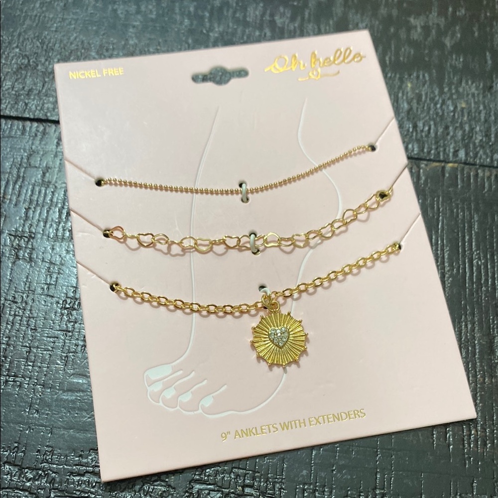 Set Of 3 NWT Oh Hello Gold Tone Sunburst Anklet Set - 3 Piece!